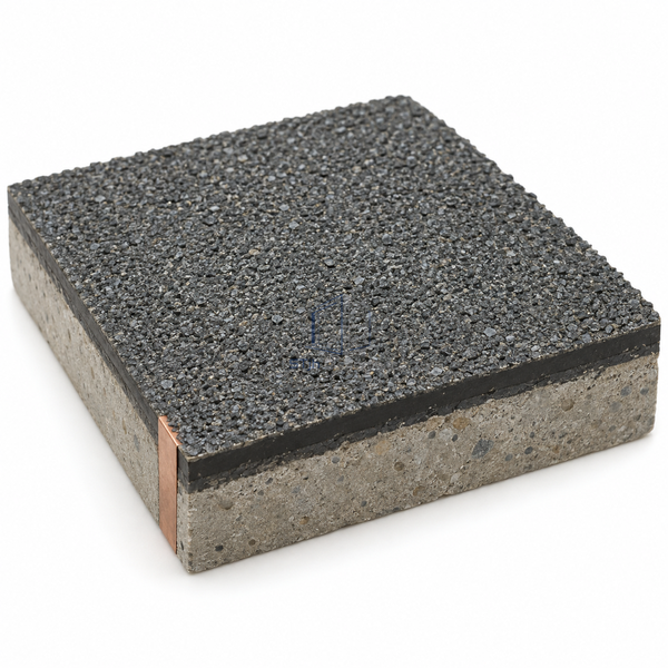 STJH CH25 conductive epoxy flooring sample with sealed silicon-carbide texture and multilayer cut edge on white