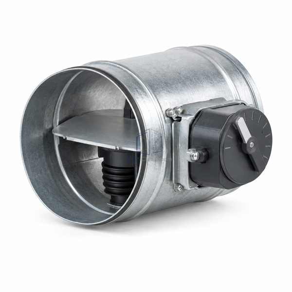 STJH-CONSTANT-AIR-VOLUME-CONTROLLER-DN100 narrow round casing with external mechanical setting housing on white