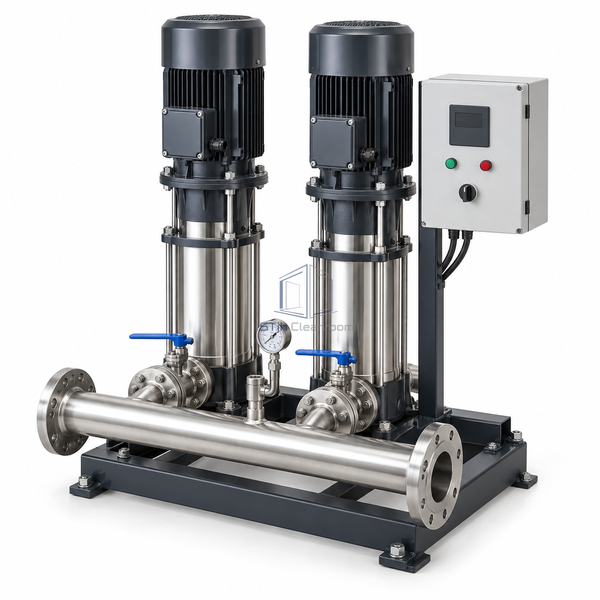 STjh two-pump 4 kW variable-speed cooling-water set with stainless vertical pumps and DN80 manifolds on white.