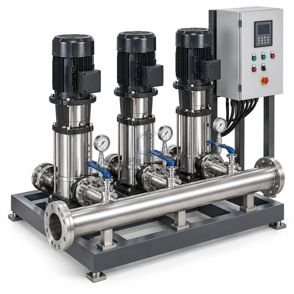 STjh three-pump 5.5 kW cooling-water set with a wider DN100 manifold and control panel on white.