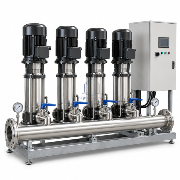 STjh four-pump 7.5 kW variable-speed cooling-water set on a long DN100 manifold skid on white.