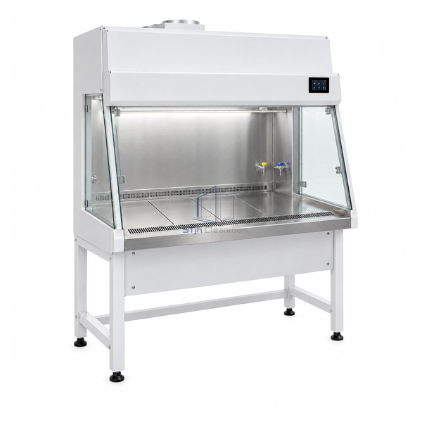 STjh 1200 mm cytotoxic drug cabinet showing segmented stainless work trays and a deep under-deck filter compartment