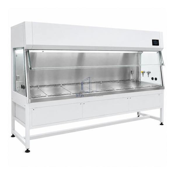 STjh 1800 mm cytotoxic drug cabinet with an extended work surface, glass side panels and lower service access panels