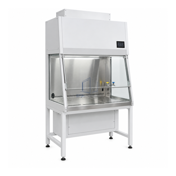 STjh 900 mm cytotoxic drug cabinet with a narrow glazed workspace, colored service valves and lower filter housing