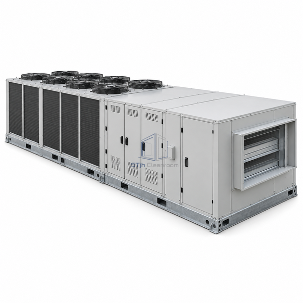 STjh 15000 CFM dedicated outdoor air system with an extended multi-section refrigeration chassis on white.