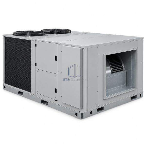STjh 5500 CFM dedicated outdoor air system with enlarged refrigeration cabinet and broad fan opening on white.
