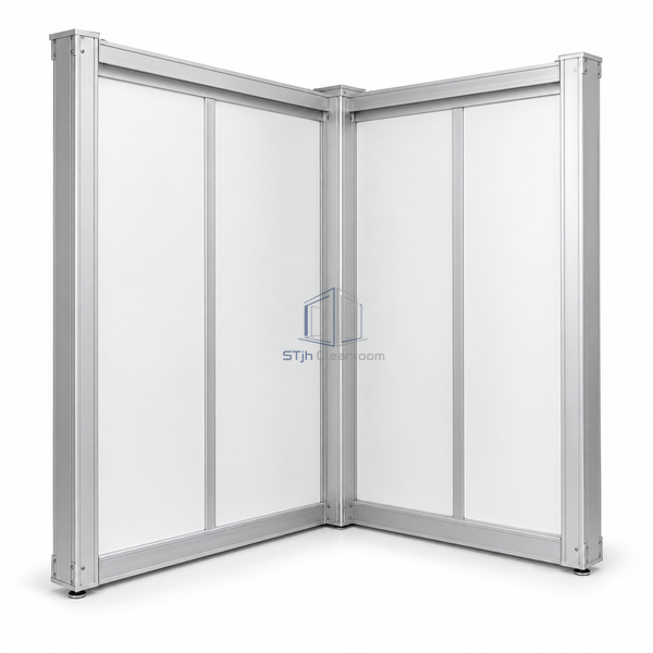 STJH-DEMOUNTABLE-CLEANROOM-WALL-PANEL-76-FREESTANDING aluminum post-and-panel wall corner on white background