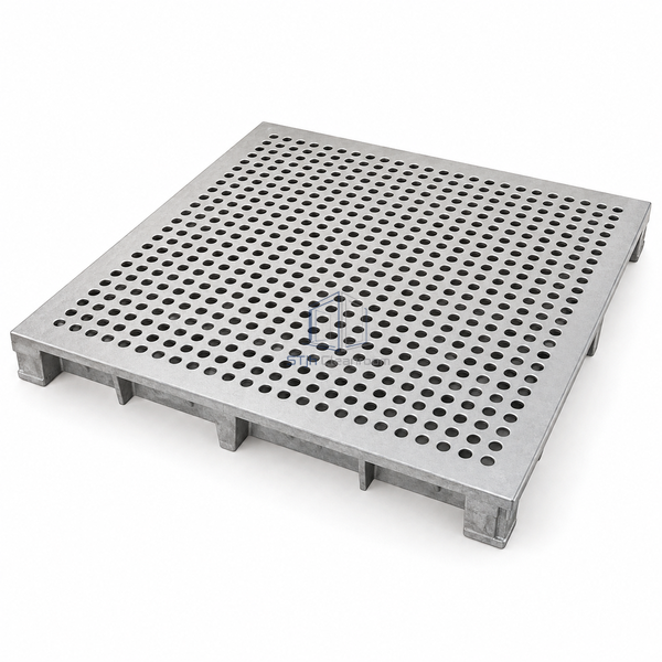 STJH variable-open-area die-cast aluminum access panel with complete square perimeter and regular perforations on white