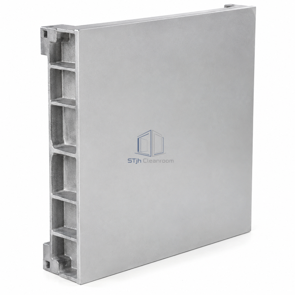 STJH solid die-cast aluminum raised-access floor panel shown complete with unperforated face and visible ribbed underside edge on white