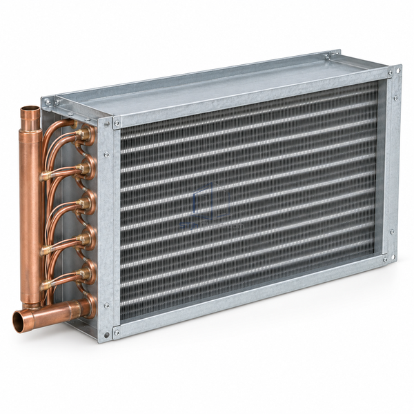 STjh four-row direct-expansion cooling coil with a shallow casing and copper refrigerant distributor on white.