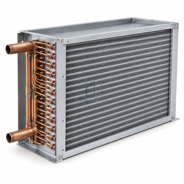 STjh six-row direct-expansion cooling coil with a medium-depth fin block and multiple refrigerant feeds on white.