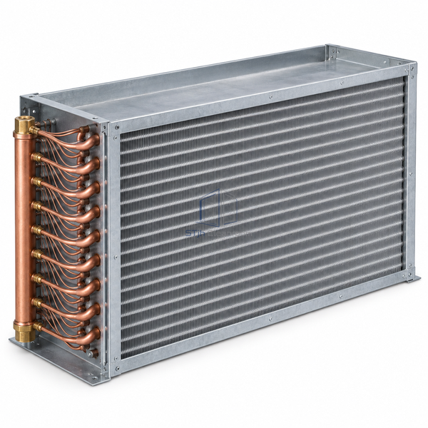 STjh eight-row direct-expansion cooling coil with a deep casing and expanded refrigerant circuit array on white.