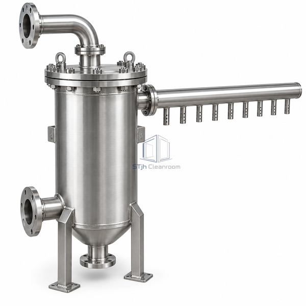 STjh one-and-a-quarter-inch inlet steam injection humidifier with a medium separator and matching drain on white.