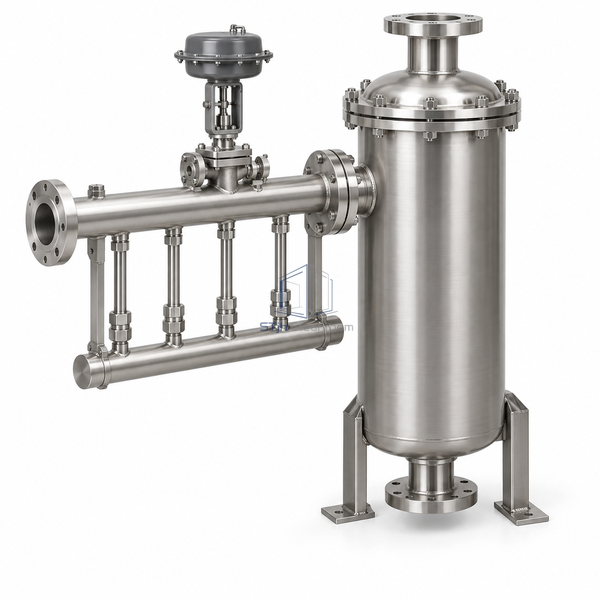 STjh two-inch inlet direct steam injection humidifier with a large separator body and heavy steam connections on white.