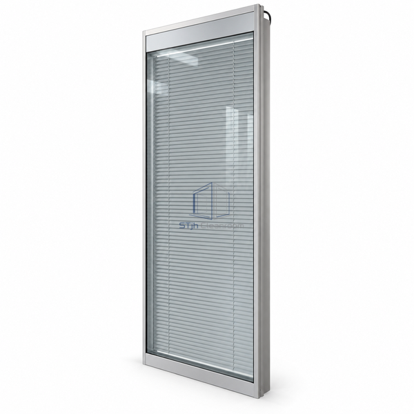 STJH-DOUBLE-GLAZED-CLEANROOM-PARTITION-50-ELECTRIC-BLIND full-height double glazing with powered integral blind on white background