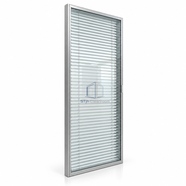 STJH-DOUBLE-GLAZED-CLEANROOM-PARTITION-50-MANUAL-BLIND full-height glazing with integral manual blind on white background