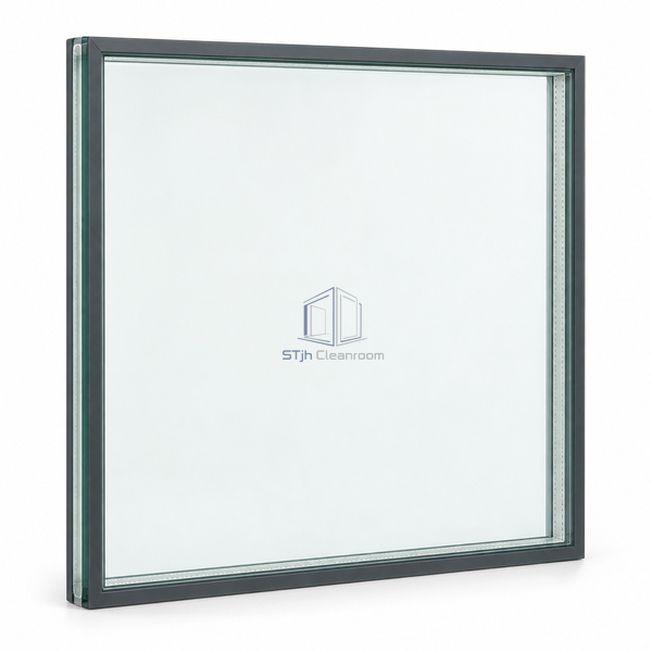STjh 1000 x 1000 mm square double-glazed cleanroom window with a narrow sealed perimeter on white.