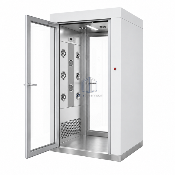 STjh single-person air shower with a shallow integral stainless floor case and smooth passage floor
