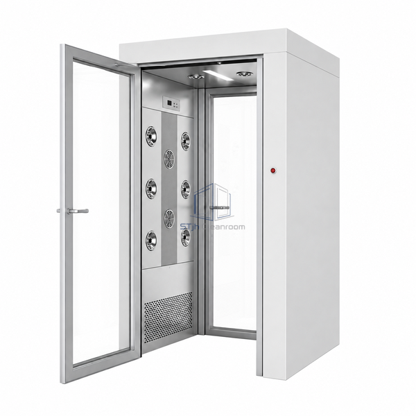 STjh floorless single-person air shower with an open aluminum-framed glass door, eight visible side jets and two ceiling nozzles