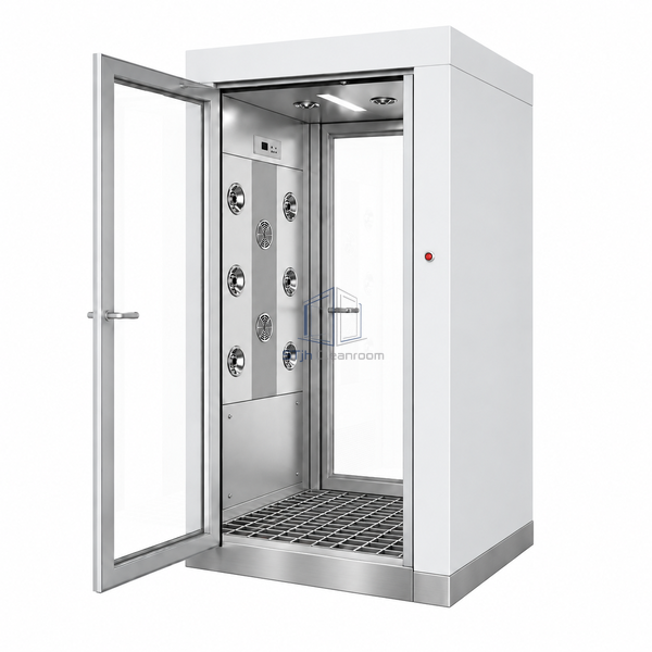 STjh single-person air shower with an open-bar grating floor, raised base plenum and lower service access panel