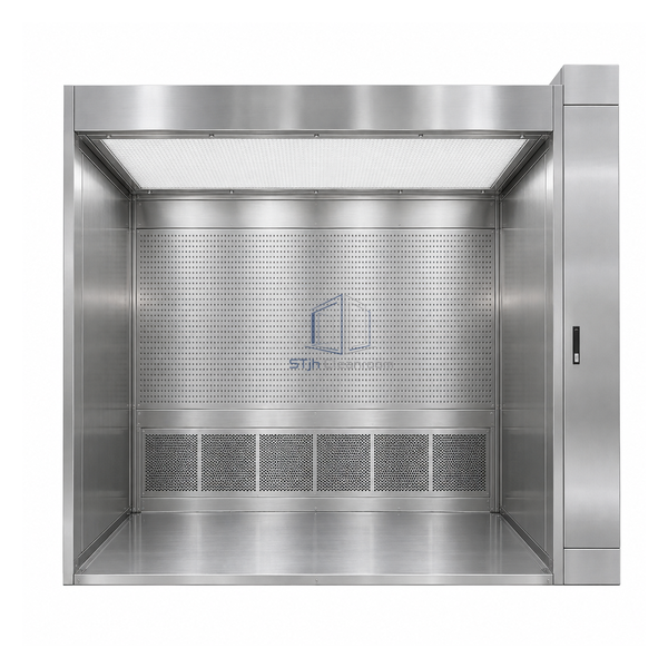 STjh compact 2000 by 1400 mm downflow containment booth with H14 ceiling and perforated rear return
