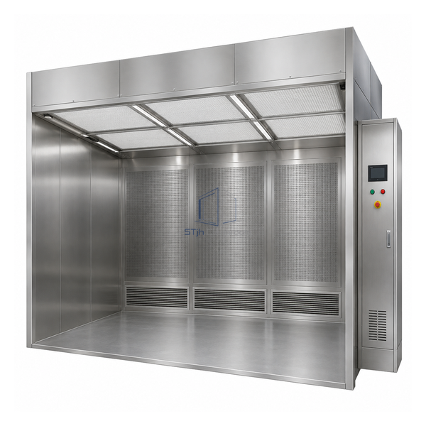 STjh deep 3400 by 3000 mm downflow containment booth with H14 roof grid and full rear recirculation wall