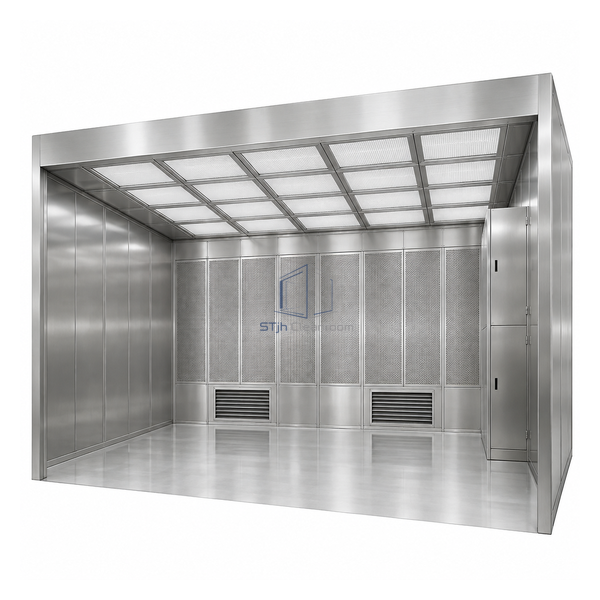 STjh large 4100 by 2900 mm downflow containment booth with multi-filter roof and segmented returns