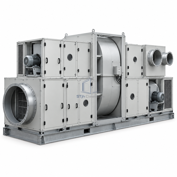 STjh 12000 CFM dry room air handling unit with a large rotor cabinet and central multi-section air treatment skid on white.