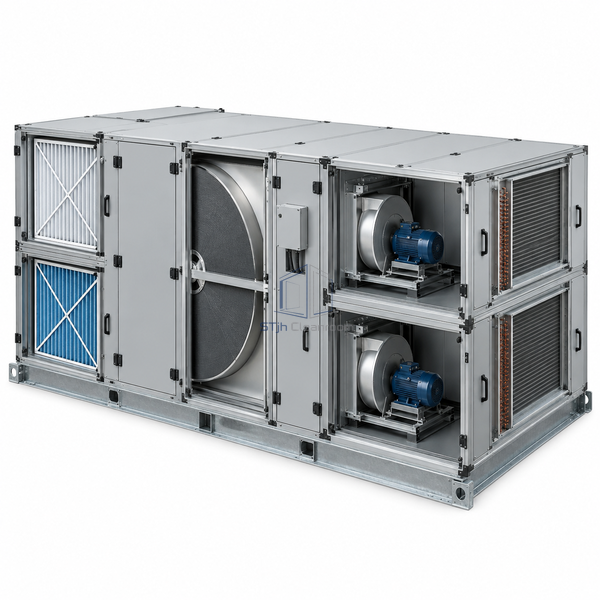 STjh 3000 CFM dry room air handling unit with separate process and reactivation sections on a modular skid on white.