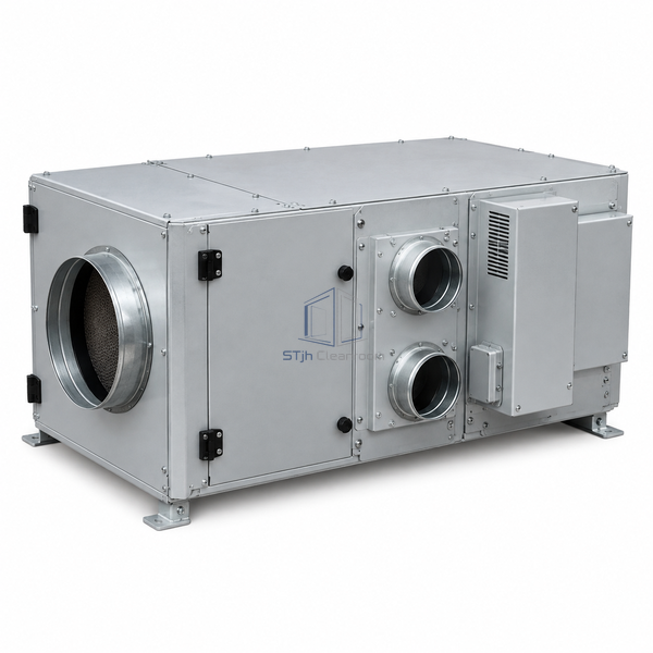 STjh 600 CFM dry room air handling unit with a compact rotor casing and separate reactivation connections on white.