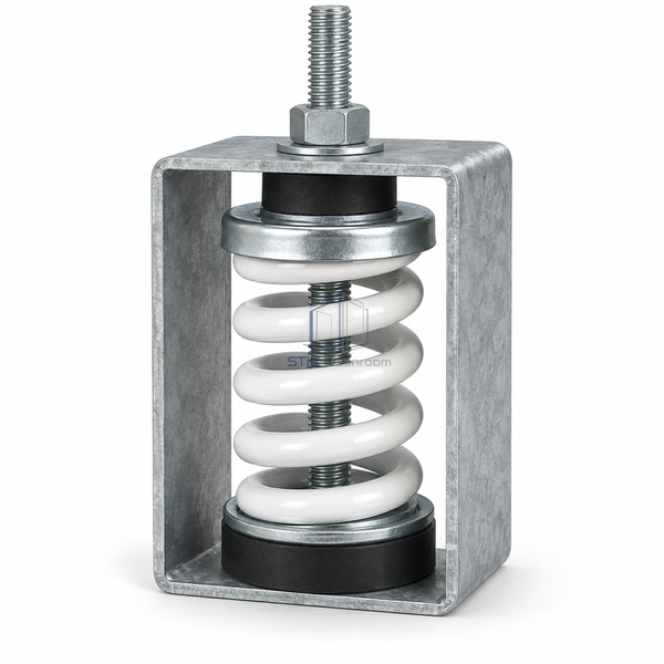 STJH-DUCT-VIBRATION-ISOLATOR-1IN-300LB heavy compression spring in galvanized suspension housing on white