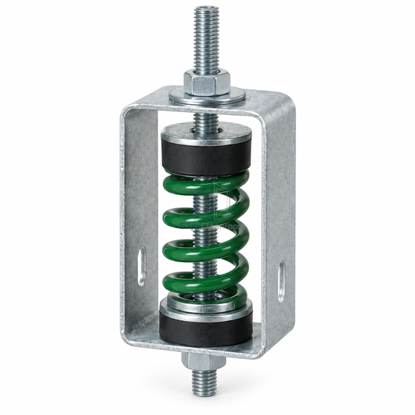STJH-DUCT-VIBRATION-ISOLATOR-1IN-50LB light spring within an open galvanized hanger on white