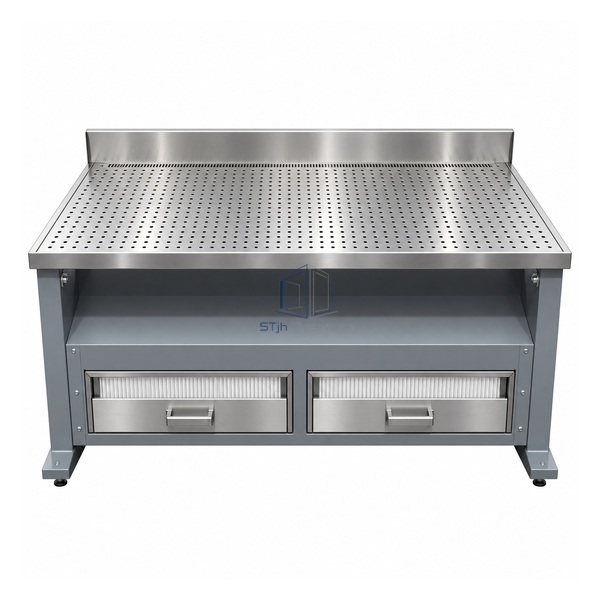 STjh 3 foot downdraft dust-extraction workstation with broad perforated deck and twin filter drawers