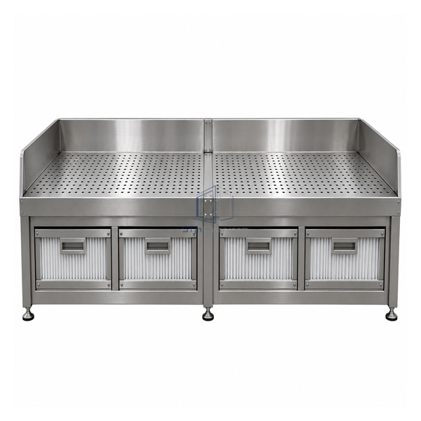STjh 6 foot twin-module downdraft workstation with continuous stainless surface and center transition connector
