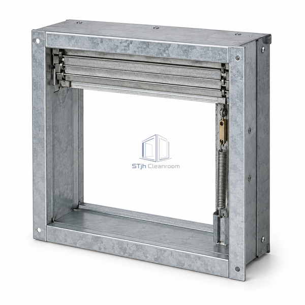 STJH-DYNAMIC-FIRE-DAMPER-305X305-VERTICAL with compact folded curtain and open square frame on white