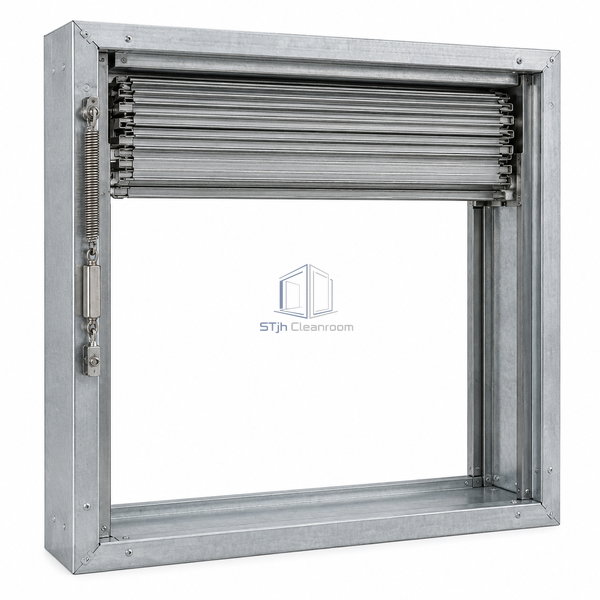 STJH-DYNAMIC-FIRE-DAMPER-610X610-4000FPM with broad top curtain stack, white-background product main view