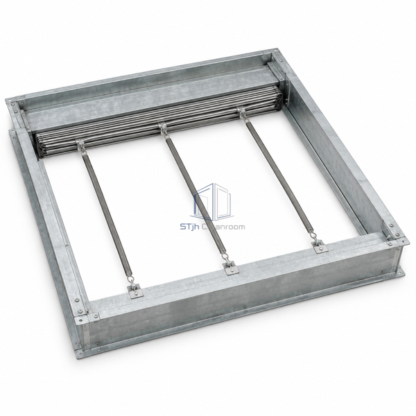 STJH-DYNAMIC-FIRE-DAMPER-914X914-HORIZONTAL showing side-stowed curtain and spring on white