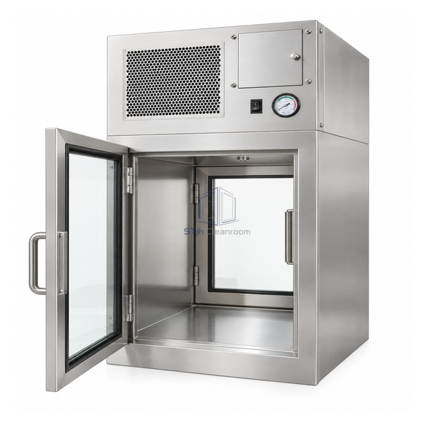 STjh compact 18 by 18 by 24 inch dynamic HEPA pass box with tall stainless chamber and top recirculation plenum