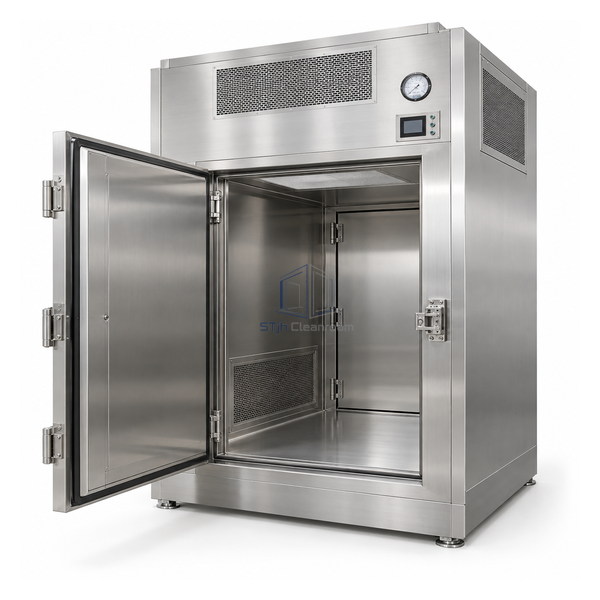 STjh large floor-mount 30 by 48 by 50 inch dynamic ULPA pass box with deep stainless chamber and sanitary plinth