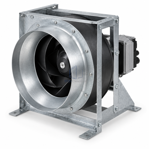 STjh 250 mm EC centrifugal supply-air fan unit with a compact support bracket and backward-curved wheel on white.