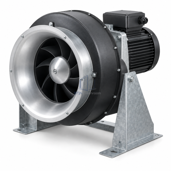 STjh 280 mm EC centrifugal supply-air fan unit with a medium wheel and 294 mm support frame on white.