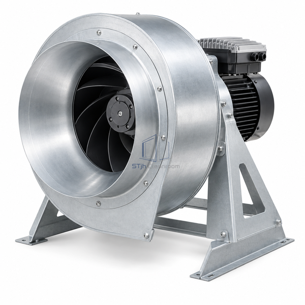 STjh 310 mm EC centrifugal supply-air fan unit with a large inlet cone and expanded support bracket on white.