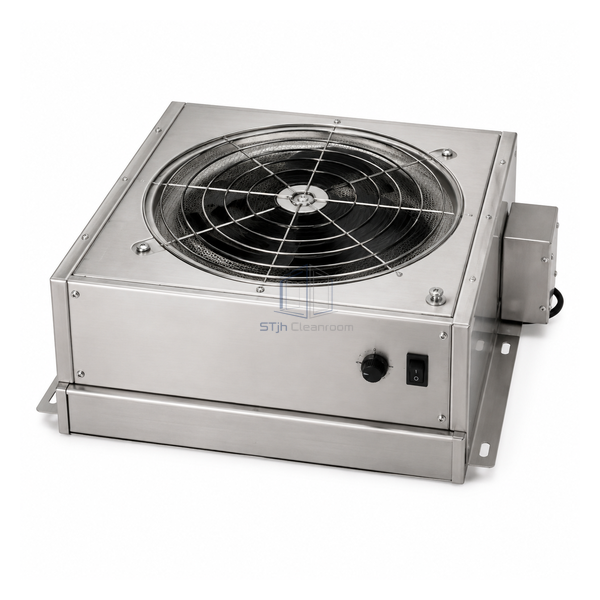 STJH 400 x 400 mm compact EC fan filter unit with stainless steel housing on a white background