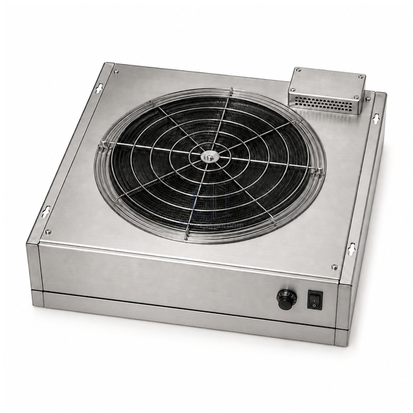 STJH 500 x 500 mm EC HEPA fan filter module with a shallow square stainless casing on white