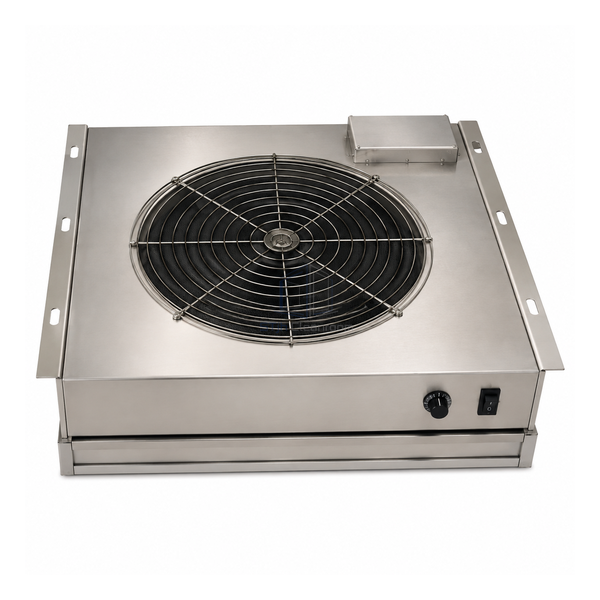 STJH 610 x 610 mm high-flow EC fan filter unit showing its wide stainless housing against white