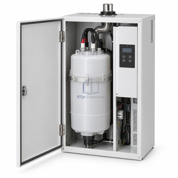 STjh 45 kg/h electrode steam humidifier with a large single cylinder and heavy electrode connections on white.