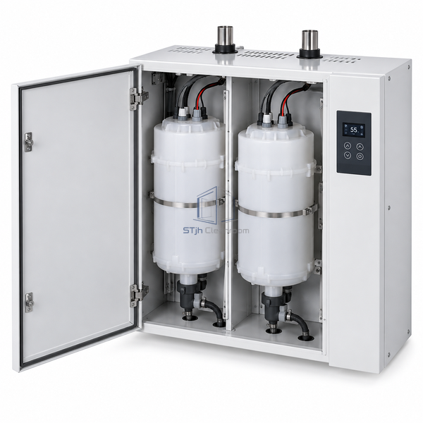 STjh 91 kg/h electrode steam humidifier with two independent cylinders in a wide cabinet on white.