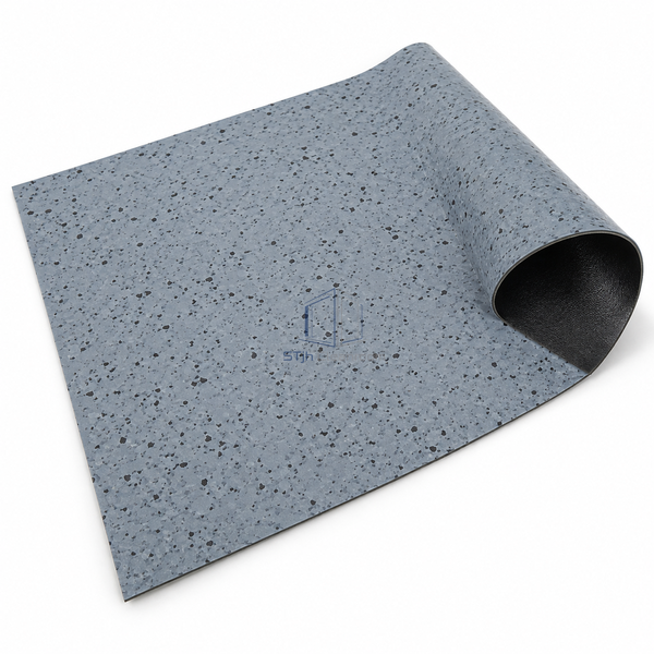 STJH carbon-backed conductive PVC sheet sample curled upward to show black backing and speckled face on white