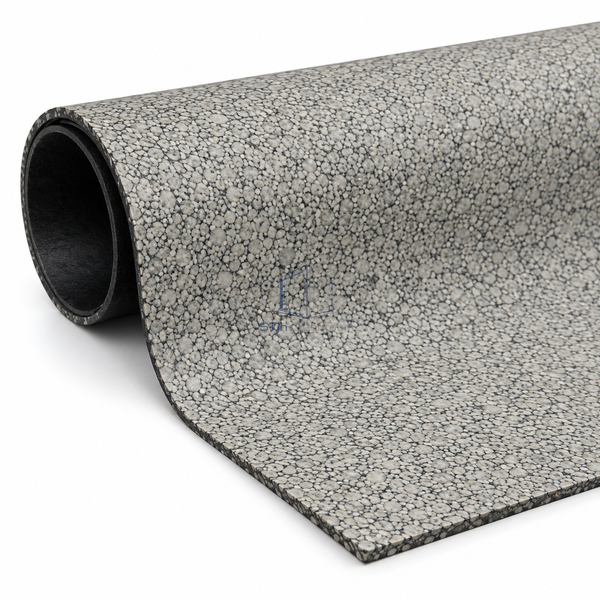 STJH carbon-encapsulated conductive PVC flooring roll sample with visible granule pattern and exposed edge on white