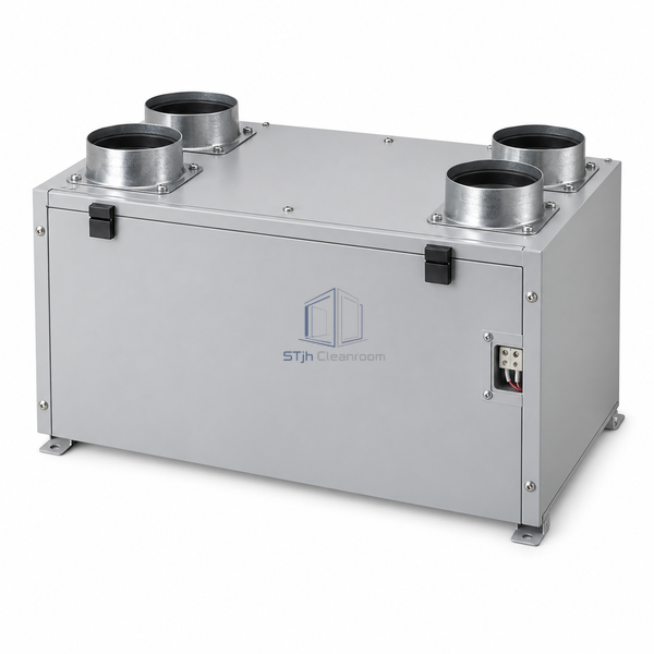 STjh 110 CFM energy recovery ventilator with a compact cabinet and four small duct ports on white.
